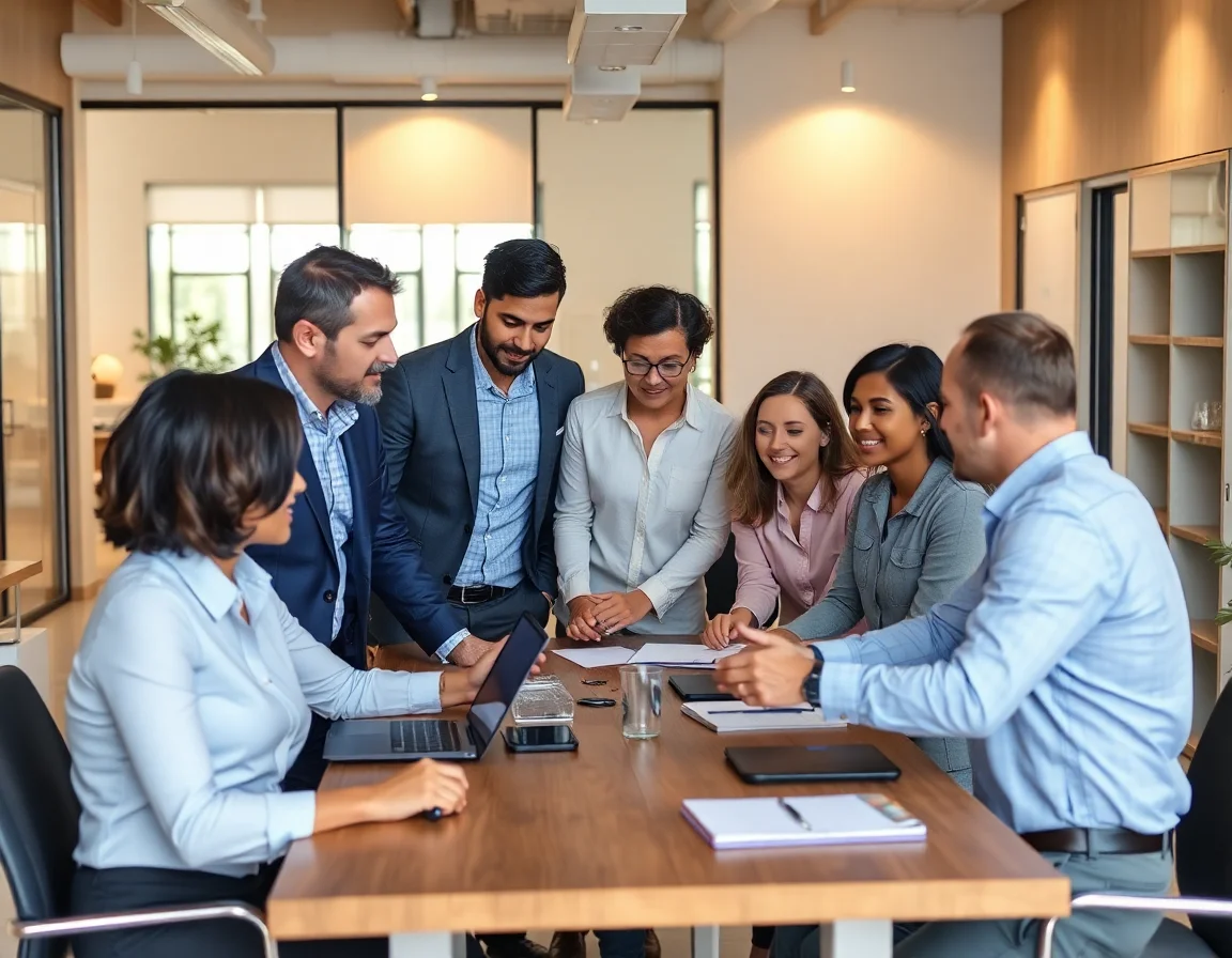 A diverse team of professionals collaborating around a table in a modern office.