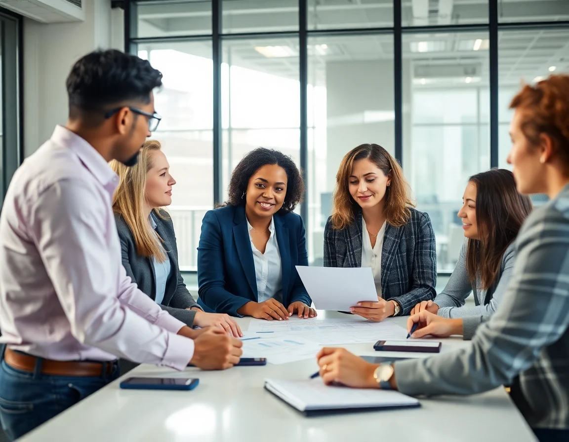 A diverse team of professionals discussing strategy around a modern office table.