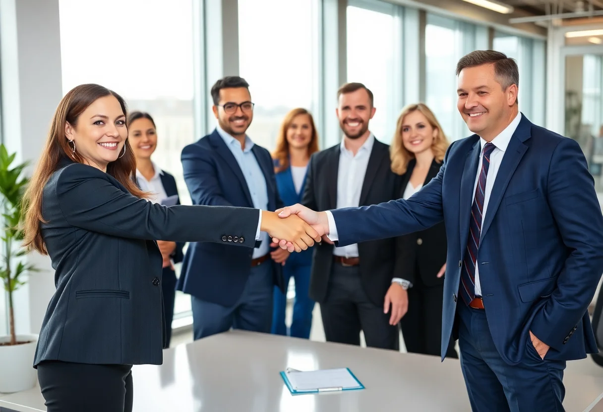 Business professionals shaking hands in a modern office, representing partnership and trust.