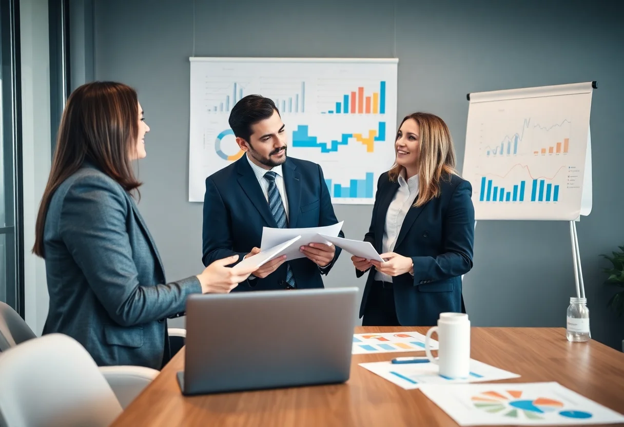 Professional business consultation meeting with charts and graphs