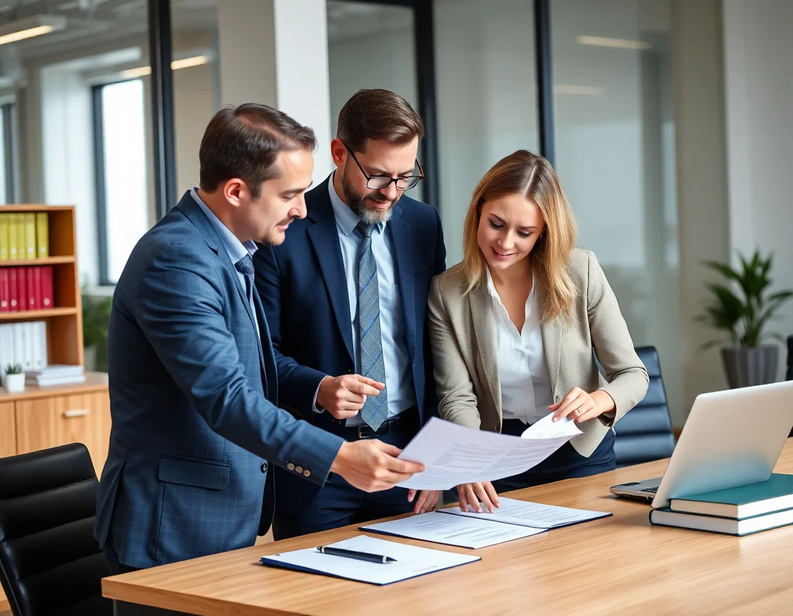 Team working on a legal document in a modern office